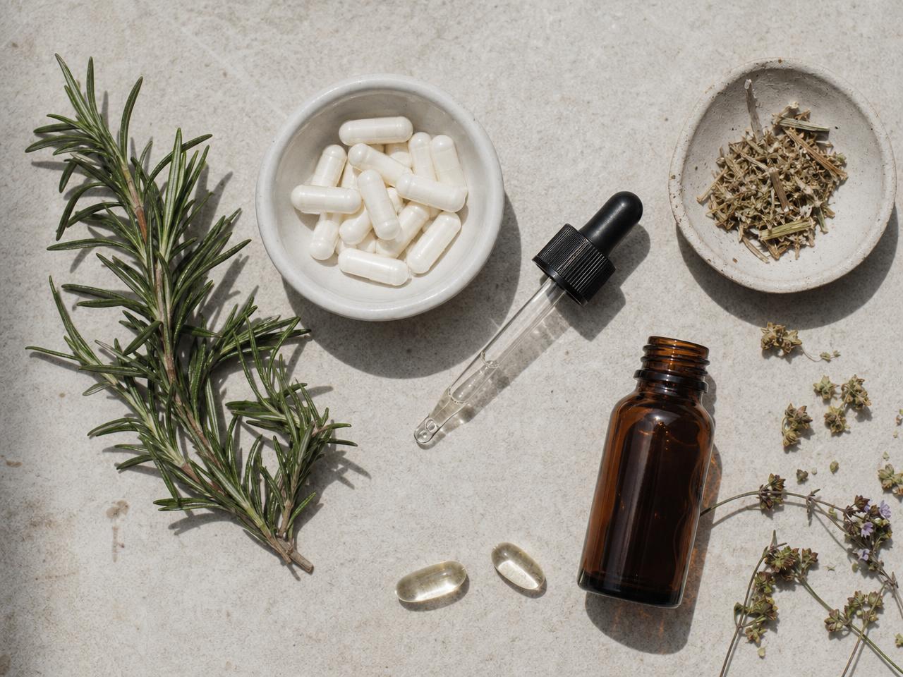 Minoxidil-Schaum, Finasterid-Blister und ein topisches Tonic nebeneinander